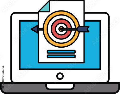A laptop screen shows a target with a red arrow pointing to it