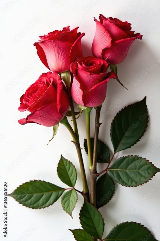Obraz premium Faded red roses, petals curling, stark white backdrop, thorns, aged, sadness