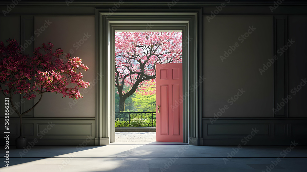 Fototapeta premium Pink Door Opening To Spring Garden