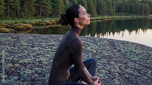 fit woman in her 20s or 30s meditates and focuses on the sky in the outdoors next to a lake, cinematic composition with beautiful light