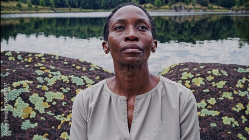black woman in her 30s or 40s meditates in front of a lake, outdoors sitting on the ground, opens eyes in calmness, cinematic composition with beautiful light
