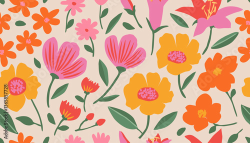 Hand drawn flowers backgrounds. Seamless patterns with floral for fabric, textiles, clothing, packaging, cover, banner, poster, interior decor. Vector illustration.