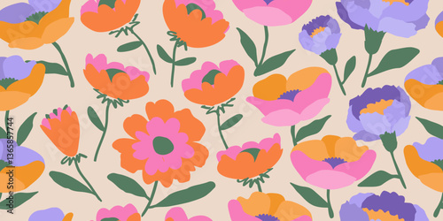 Hand drawn flowers backgrounds. Seamless patterns with floral for fabric, textiles, clothing, packaging, cover, banner, poster, interior decor. Vector illustration.
