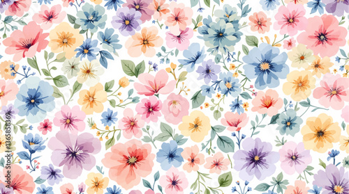 Watercolor floral seamless pattern with hand-painted blush pink flowers and green leaves on white background. Botanical print.