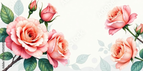 Delicate watercolor peach roses, lush bouquet , summer, romantic