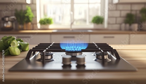 Modern gas cooktop igniting, bright blue flame