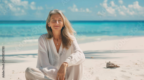 old woman sitting on the beach