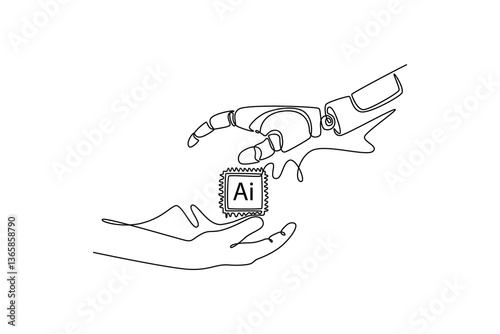 businessman chatting with a smart AI or artificial intelligence. Technology in services concept. Single line draw design. Vector graphic illustration