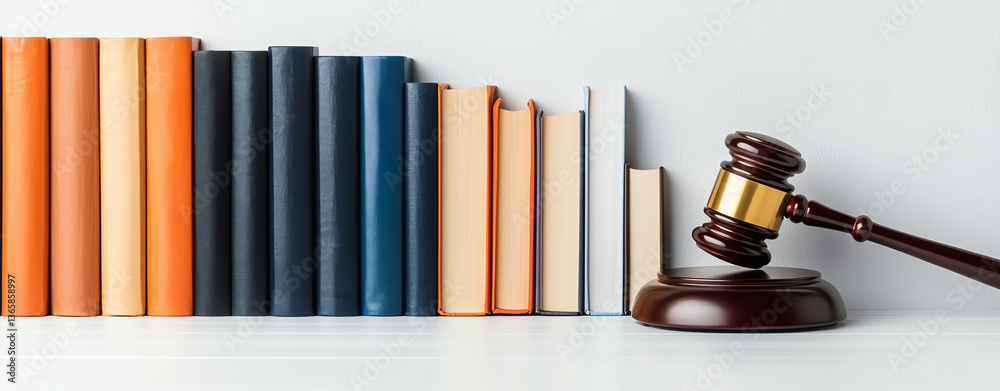 row of colorful law books stands neatly aligned beside wooden gavel, symbolizing justice and legal knowledge. arrangement conveys sense of order and authority
