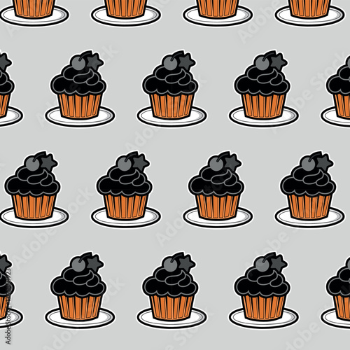 Muffin set, simple illustration. Collection of cakes with different flavors, with handmade cherries. patterin
