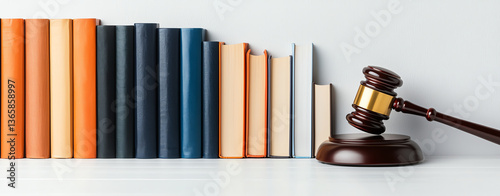 Obraz na płótnie row of colorful law books stands neatly aligned beside wooden gavel, symbolizing justice and legal knowledge. arrangement conveys sense of order and authority w salonie