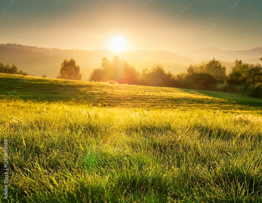 Obraz premium idyllic grass field illuminated by warm sunlight