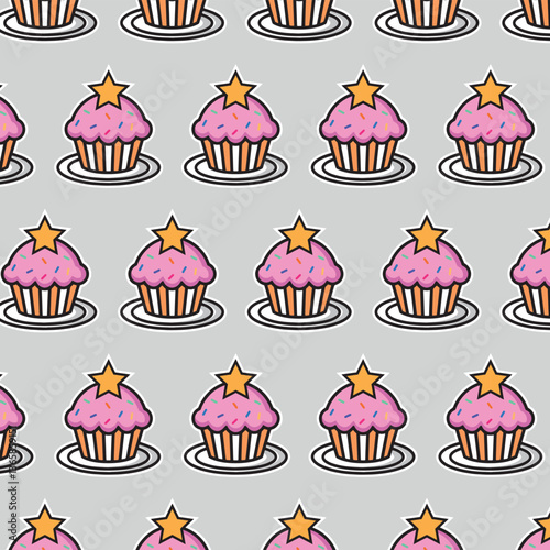 Muffin set, simple illustration. Collection of cakes with different flavors, with handmade cherries. patterin