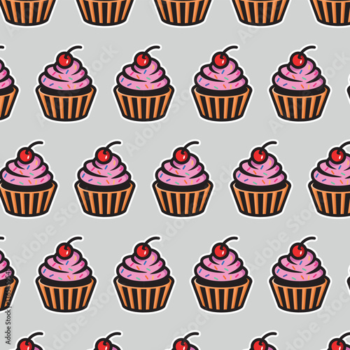 Muffin set, simple illustration. Collection of cakes with different flavors, with handmade cherries. patterin