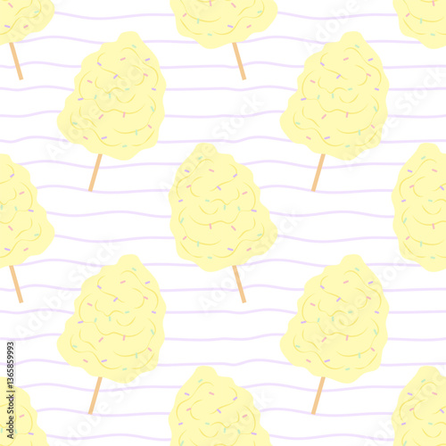 Seamless pattern with yellow cotton candy on white striped background. For textiles, packaging, wallpapers, postcards or covers.