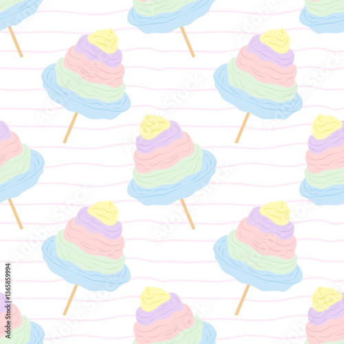 Seamless pattern with rainbow cotton candy on white striped background. For textiles, packaging, wallpapers, postcards or covers.