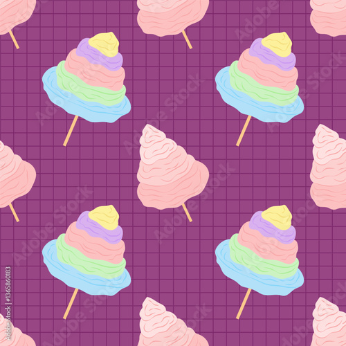 Pattern with rainbow and pink cotton candy on dark pink background. For textiles, packaging, postcards or covers.