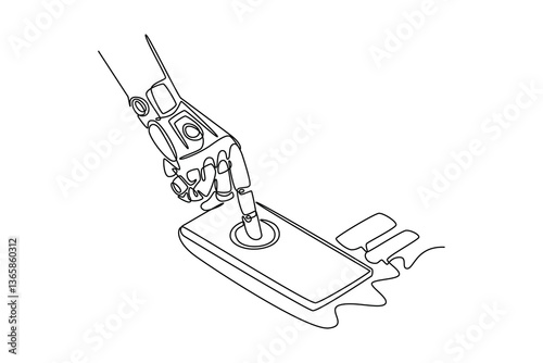 businessman chatting with a smart AI or artificial intelligence. Technology in services concept. Single line draw design. Vector graphic illustration