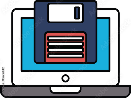 A computer monitor shows a floppy disc