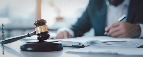 gavel rests on desk beside open books and documents, with person writing in background, symbolizing legal proceedings and decision making