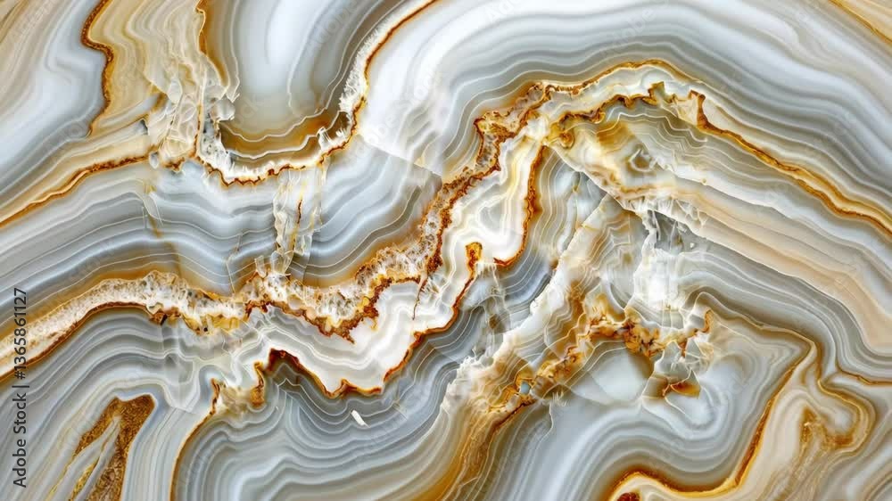 Close-up of luxurious white marble with intricate golden veins, showcasing natural stone textures and a polished onyx finish. Perfect for elegant interior design concepts or backgrounds.