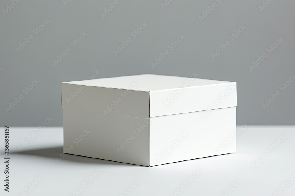 Minimalist White Box with Lid Still Life on Table Against Grey Background Minimalist White Box with Lid Still Life on Table Against Grey Background