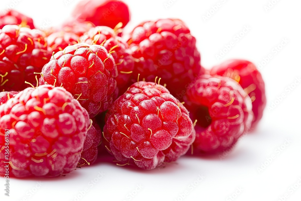 Fresh raspberries close-up. Clusters of ripe, vibrant red raspberries, showcasing their textured skins and juicy appearance against a plain white background Fresh raspberries close-up. Clusters of ripe, vibrant red raspberries, showcasing their textured skins and juicy appearance against a plain white background