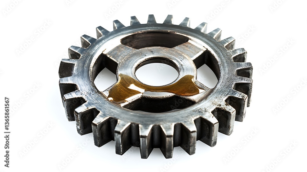 Close up of a metal gear with oil in the center on white background Close up of a metal gear with oil in the center on white background