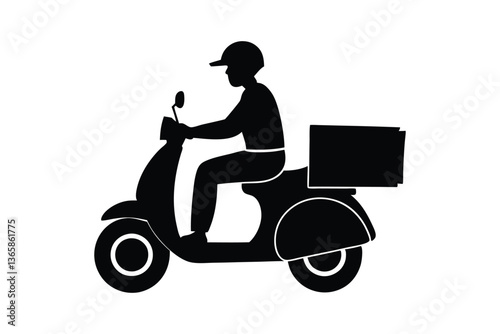 Silhouette art illustration of a courier riding a scooter with a package.eps