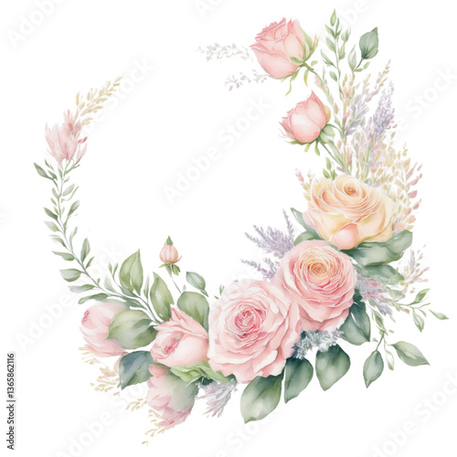 Pastel rose arrangement in gentle hues, perfect for wedding invitations or home decor. Elegant watercolor floral wreath with pink and white roses for weddings or celebrations.