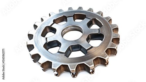 A metal sprocket with cutouts on a white background close up view