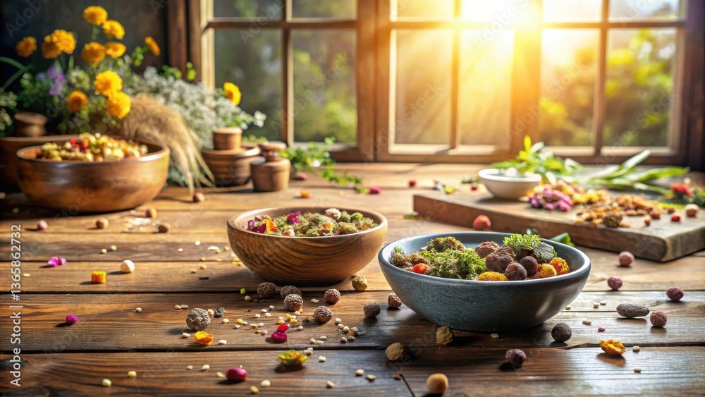 Rustic wooden table with bowls of colorful, textured, natural food, bathed in warm sunlight streaming through a window Rustic wooden table with bowls of colorful, textured, natural food, bathed in warm sunlight streaming through a window