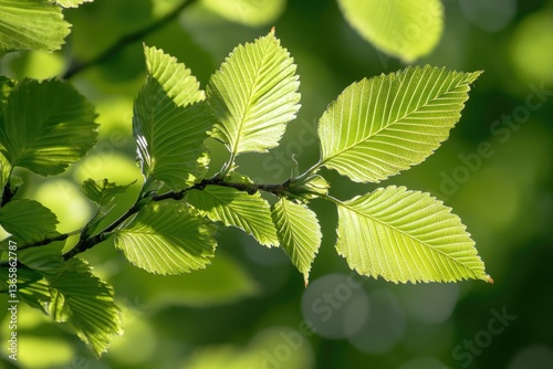 Ulmus Americana. Macro Close-Up of American Elm Leaves and Stem in Nature