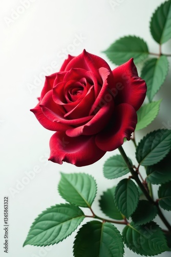 Deep crimson rose, lush green foliage, pristine white backdrop, leaves, luxury