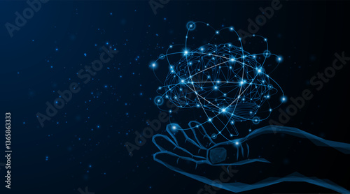 Abstract hand is holding an artificial neural network or artificial intelligence brain. Digital brain science for future learning. modern technology innovation concept background	