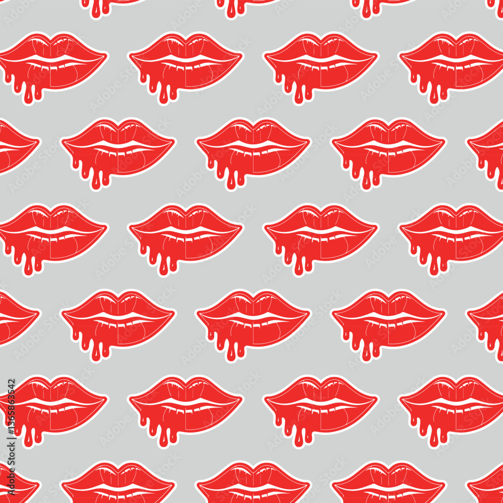 Fototapeta premium Sexy, glossy red lips. Vector illustration isolated on a white background. Sticker shoots of hot kisses with red lipstick. pattern