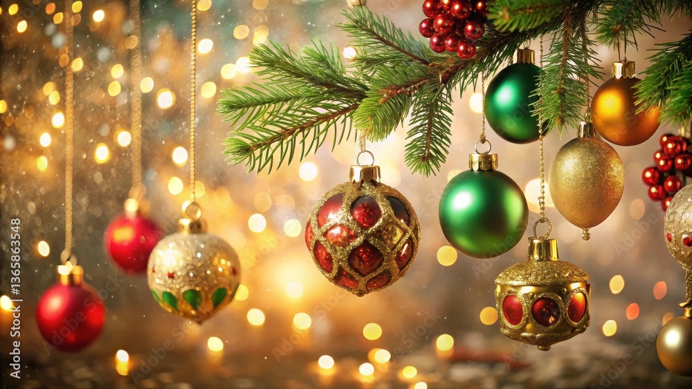 Sparkling Festive Ornaments Adorn a Christmas Tree Branch with Warm Golden Lights Sparkling Festive Ornaments Adorn a Christmas Tree Branch with Warm Golden Lights