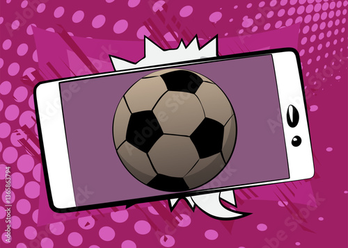Cartoon Smartphone, comic book Telephone with Soccer Ball. Retro vector comics pop art design.