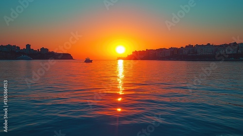 Stunning Sunset Over the Sea with Warm Hues in the Sky and Reflections on Calm Waters, Distant Building Silhouettes, Tree-Lined Island, and Small Boat in Golden Light, Tranquil Dusk Scene

