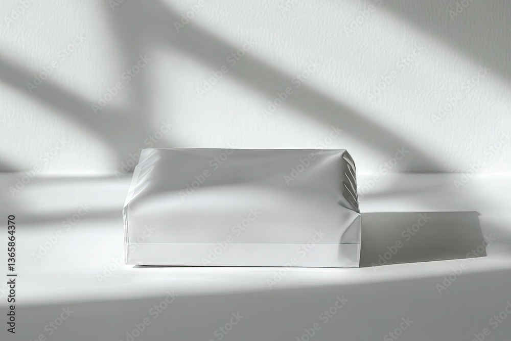 Minimalist White Package Mockup on White Surface with Window Light Shadows Minimalist White Package Mockup on White Surface with Window Light Shadows