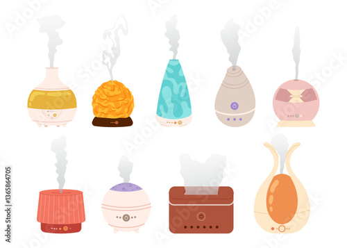 Air diffuser. Set humidifier different shapes and sizes. Device for humidifying. Modern subject. Purifier microclimate. Aroma lamp isolated on white background.