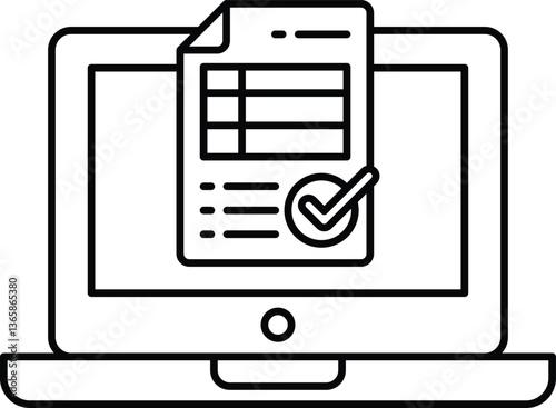 A black and white image of a laptop with a check mark on a piece of paper
