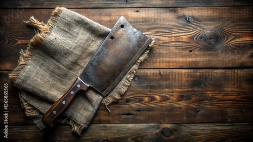 Rustic Butcher's Cleaver on Worn Burlap Resting on a Dark Wooden Surface