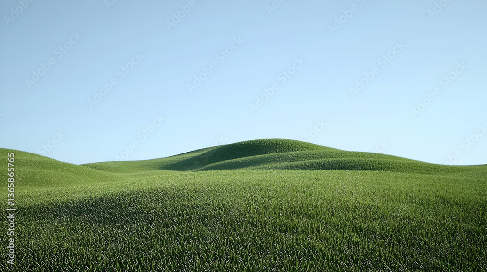 Green Field Of Grass Under Clear Blue Sky With Sunlit Hills In Peaceful Environment Green Field Of Grass Under Clear Blue Sky With Sunlit Hills In Peaceful Environment