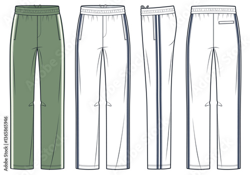 Straight-Leg Track Pants Technical Fashion Illustration. Striped Jogger Pants fashion technical drawing template, front, side and back view, drawstring, white, green, women, men, unisex CAD mockup.