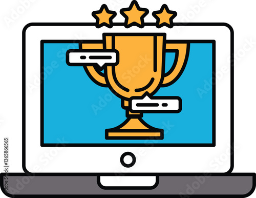 A laptop screen shows a trophy with three stars on it