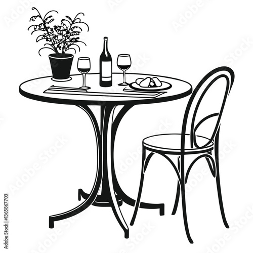 A simple black silhouette of a dining table with four chairs, a vase with a flower on the table