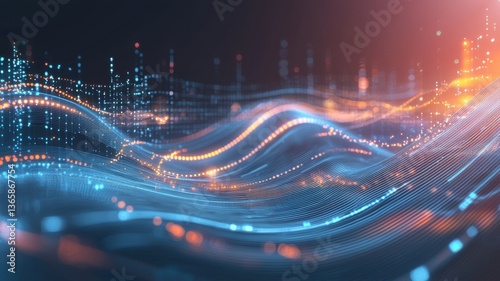 A vibrant, abstract digital landscape featuring flowing lines of light and data, representing technology and innovation.