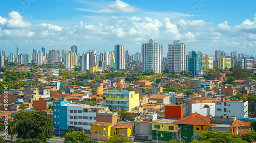 A vibrant urban landscape featuring the northern district of Barranquilla, Colombia, dotted with towering buildings