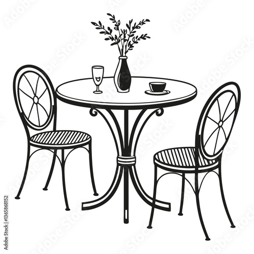 A simple black silhouette of a dining table with four chairs, a vase with a flower on the table